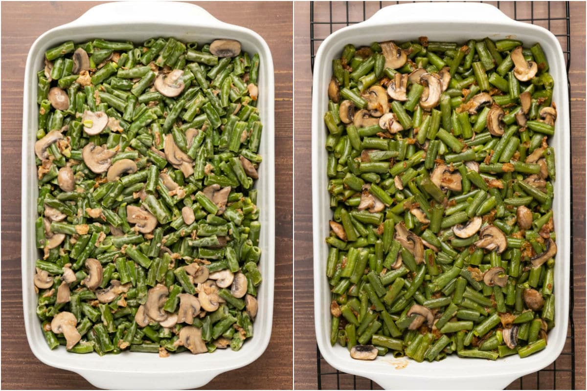 Two photo collage showing green bean casserole in a white dish before and after baking.