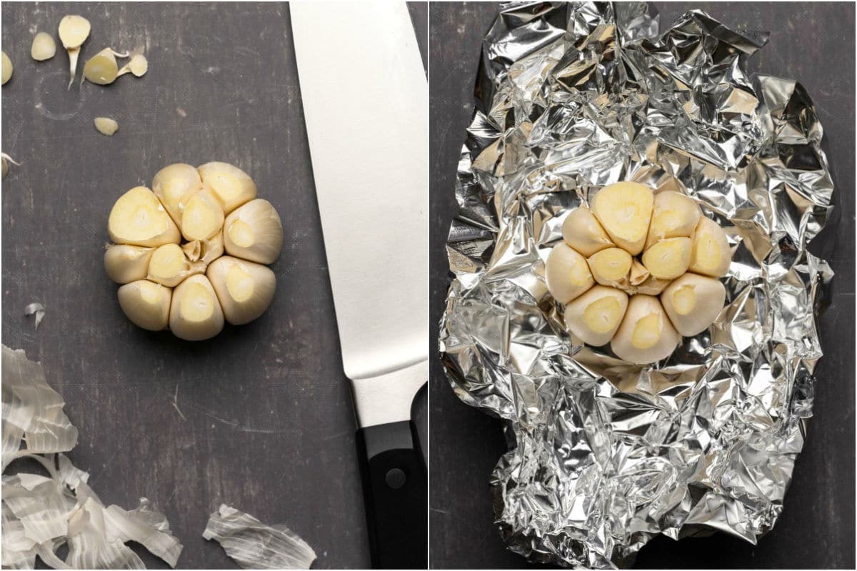 Two photo collage showing peeling a head of garlic and chopping off the ends. 