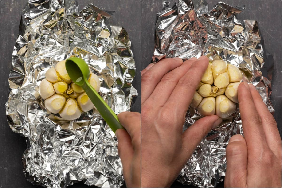 Two photo collage showing adding olive oil to a head of garlic and rubbing it in.