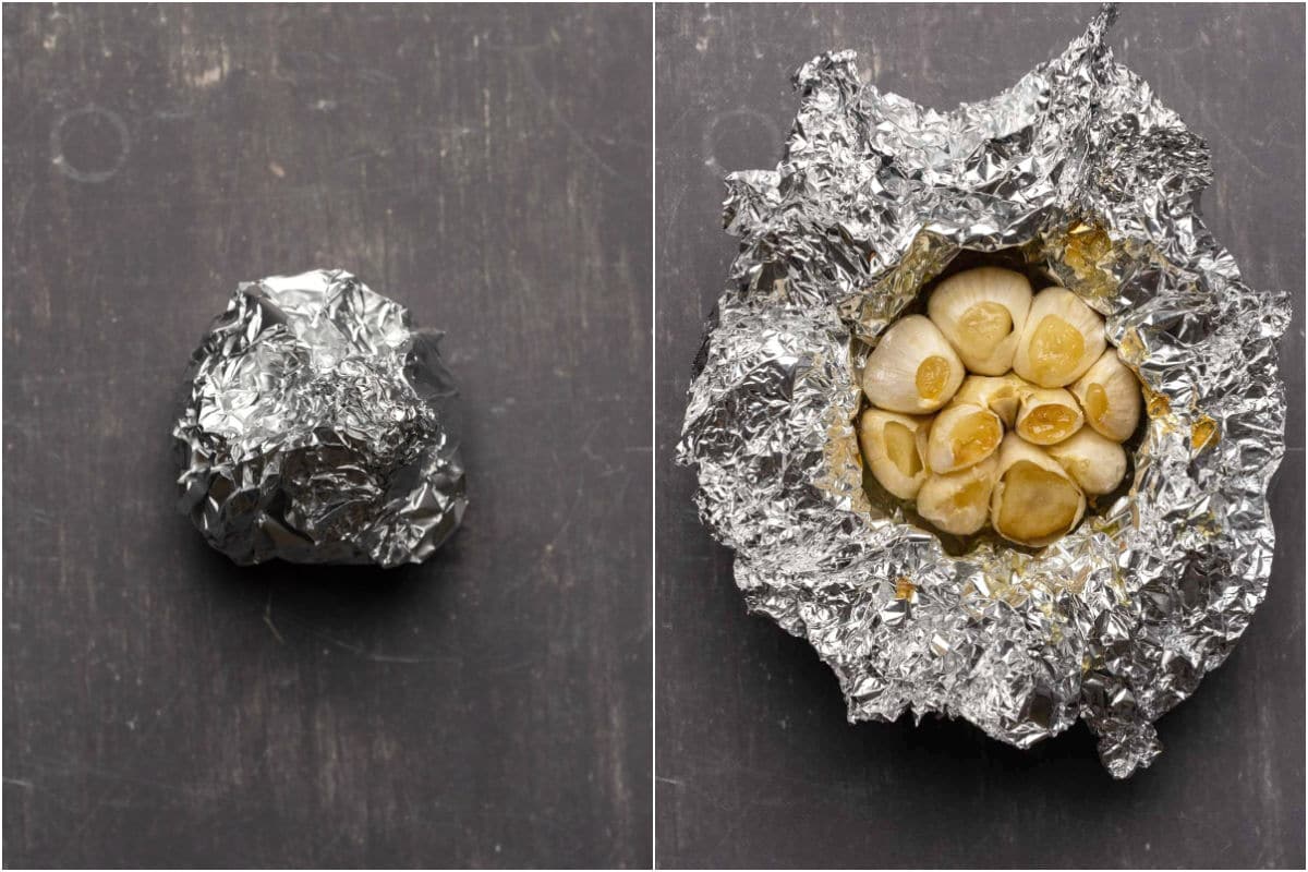 Two photo collage showing a head of garlic wrapped up in foil and then roasted.