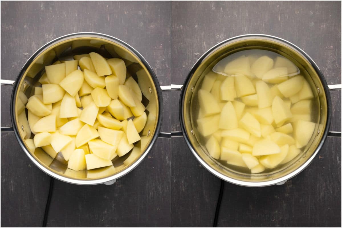 Two photo collage showing peeled and chopped potatoes added to a pot and covered with water.