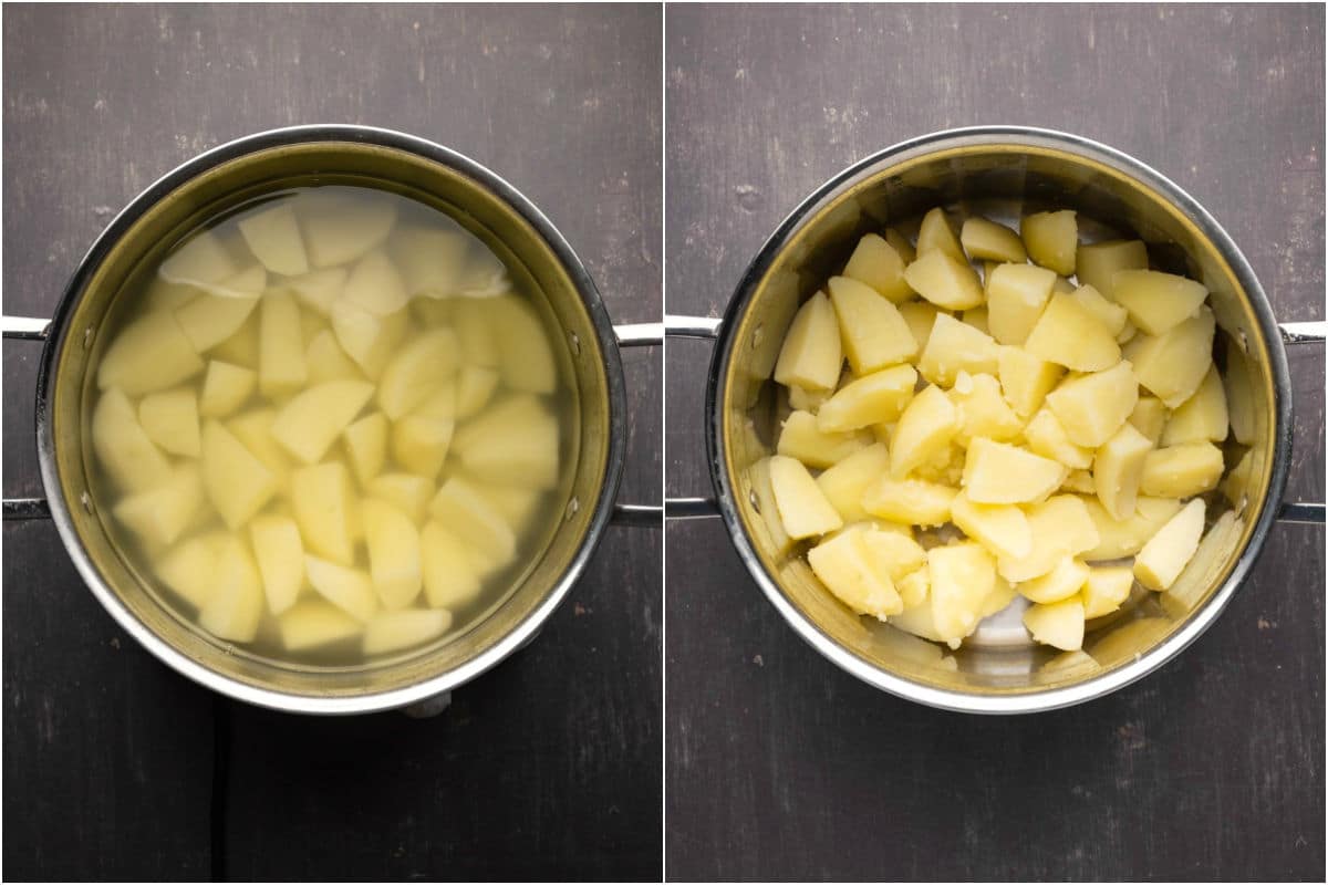 Two photo collage showing cooked potatoes in water and then drained.