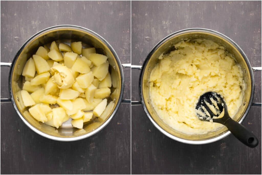 Two photo collage showing butter added to potatoes and mashed in.