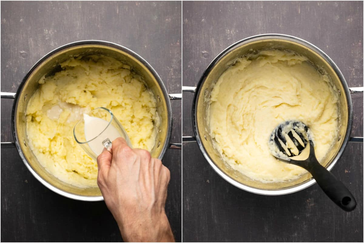 Two photo collage showing soy milk added to potatoes and mashed in.