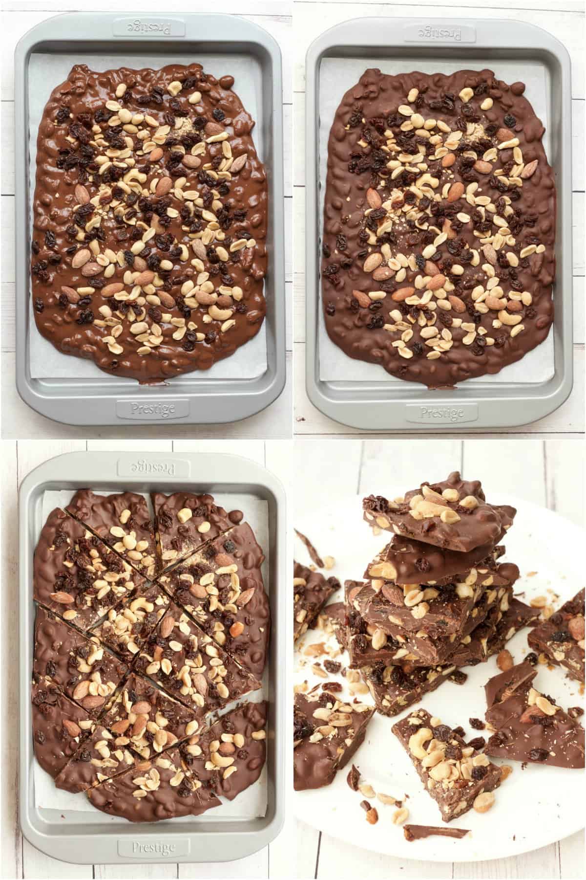 Step by step process photo collage of making vegan chocolate bark.