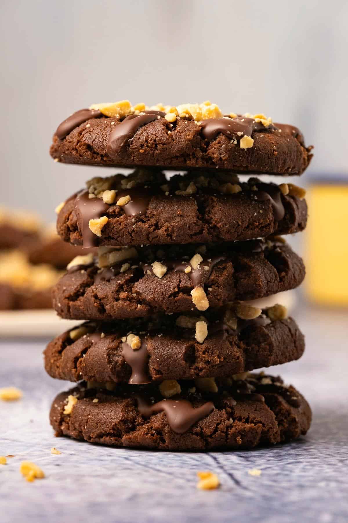 A stack of vegan chocolate peanut butter cookies. 