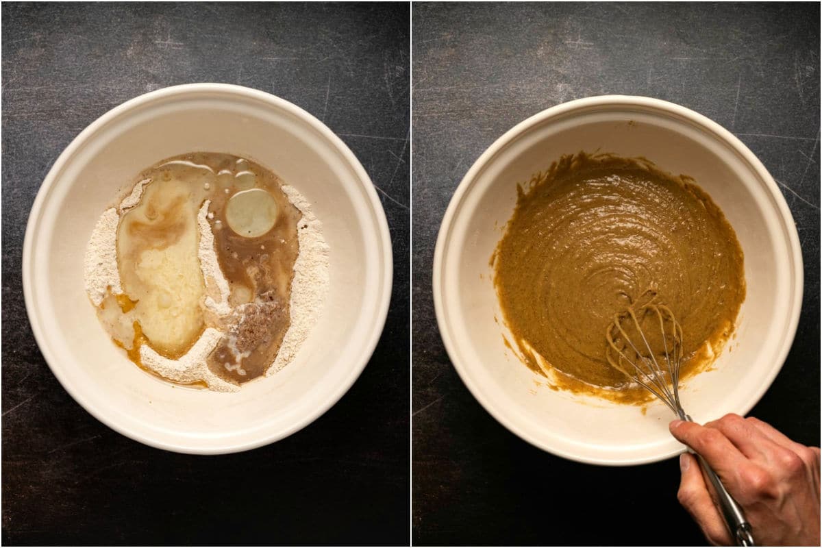 Two photo collage showing wet ingredients added to mixing bowl and mixed into a cake batter.