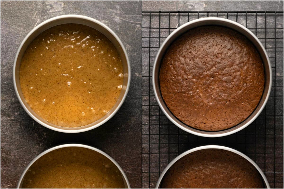 Two photo collage showing gingerbread cake in cake pans before and after baking.