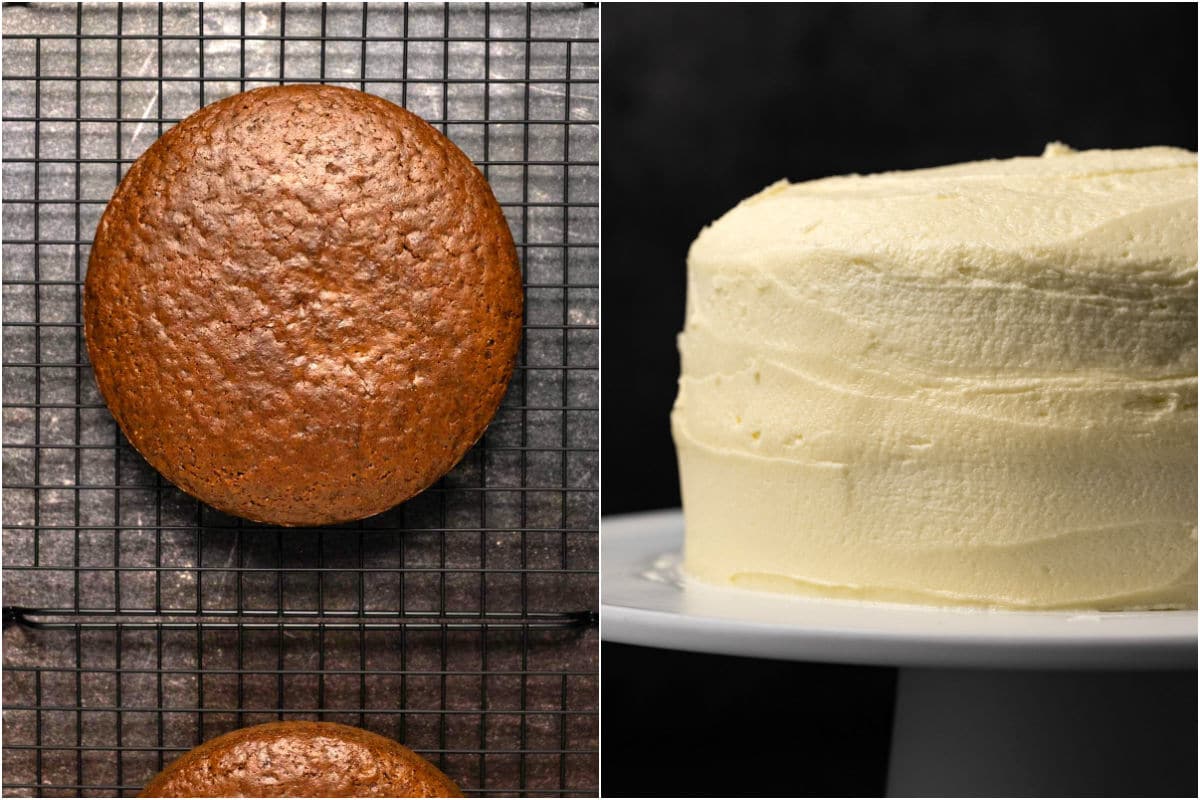 Two photo collage showing cakes cooling on a wire cooling rack and then the frosted cake on a white cake stand.