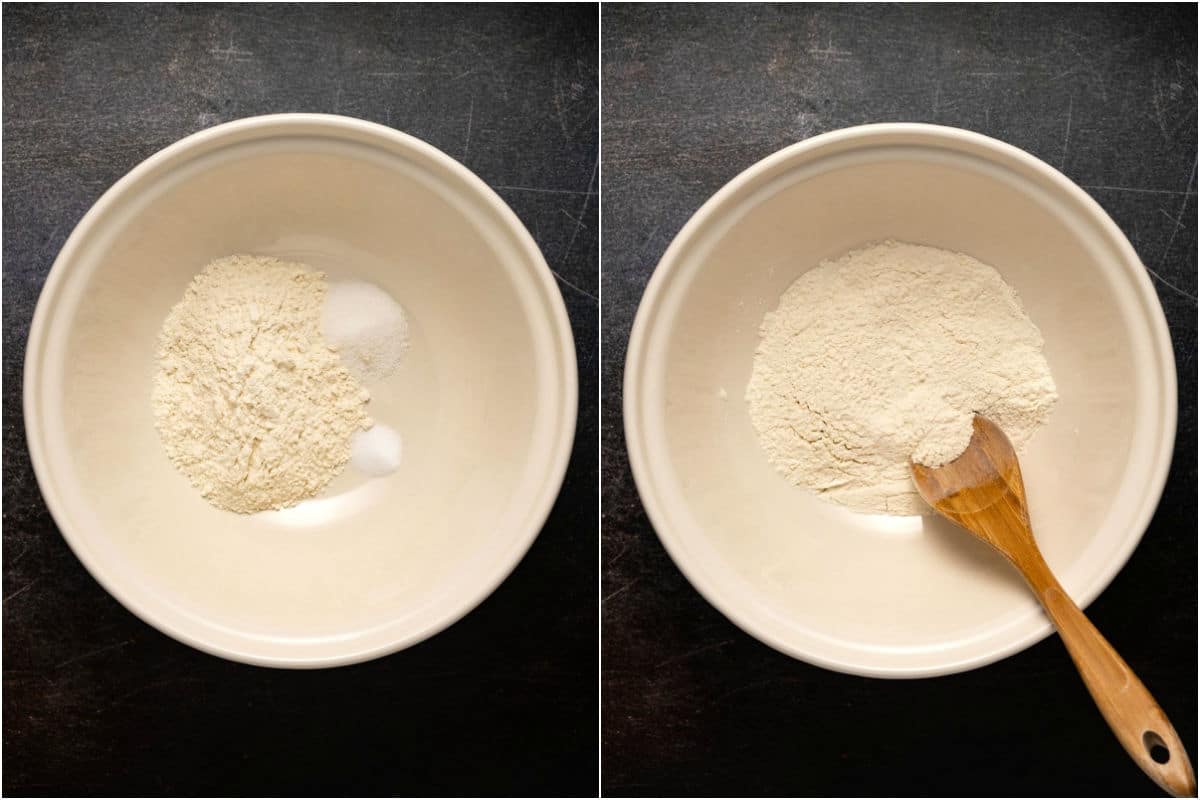 Two photo collage showing dry ingredients added to mixing bowl and mixed. 