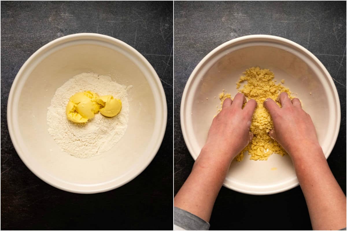 Two photo collage showing vegan butter added to bowl and mixed in until crumbly.