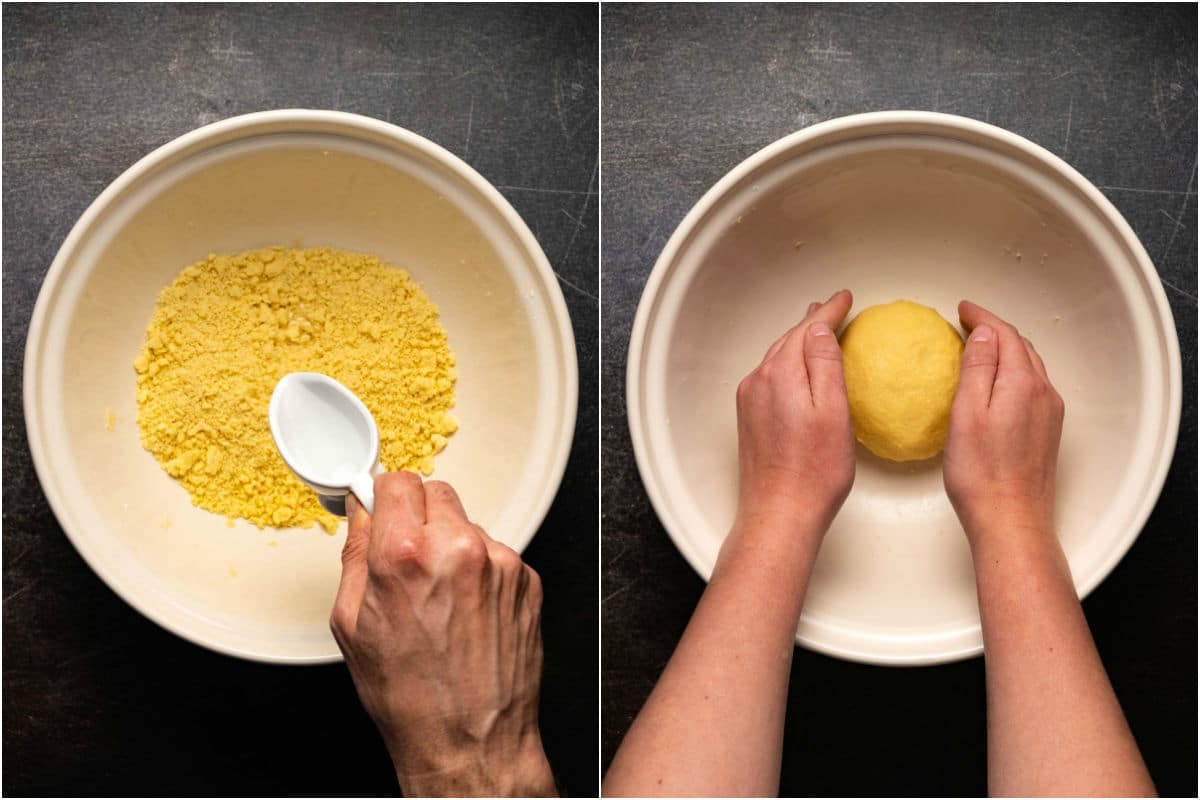 Two photo collage showing ice water added to bowl and mixed into a dough.