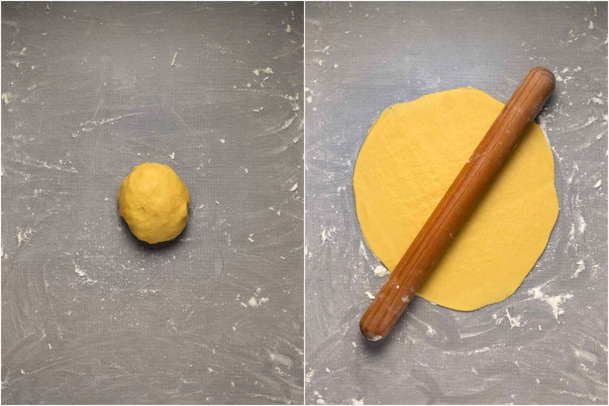 Two photo collage showing rolling out the dough into a circle.