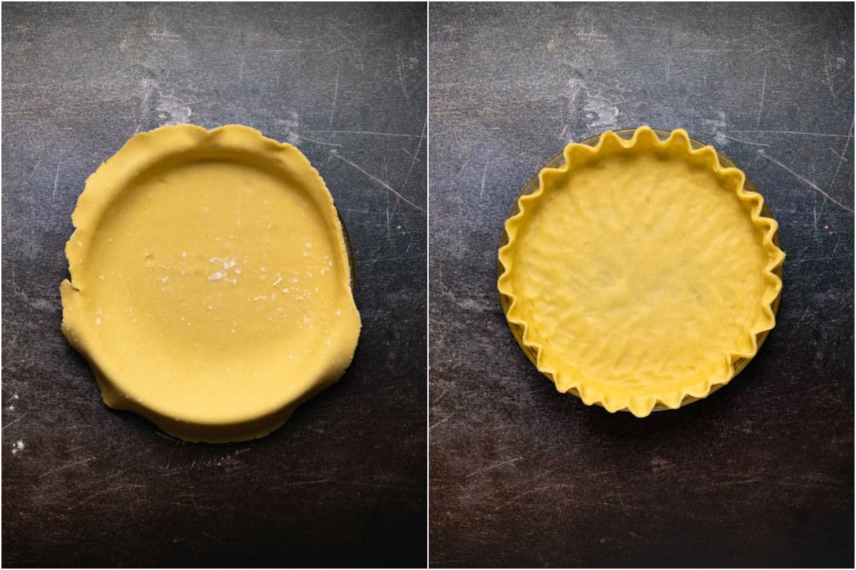 Two photo collage showing pie crust pressed down into pie dish and the sides crimped.