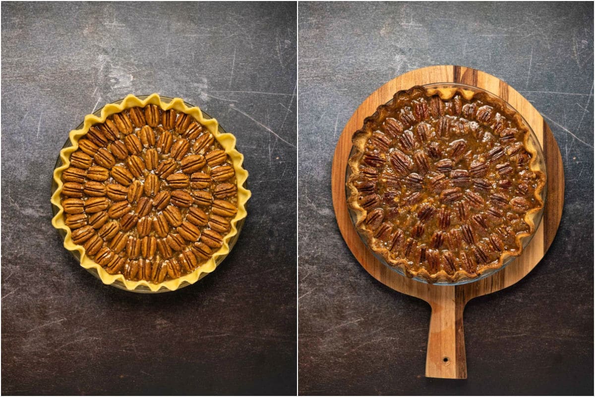 Two photo collage showing vegan pecan pie before and after baking.