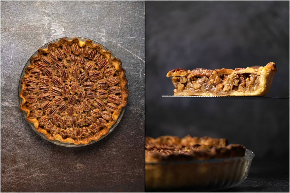 Two photo collage showing set pecan pie and then a slice cut.
