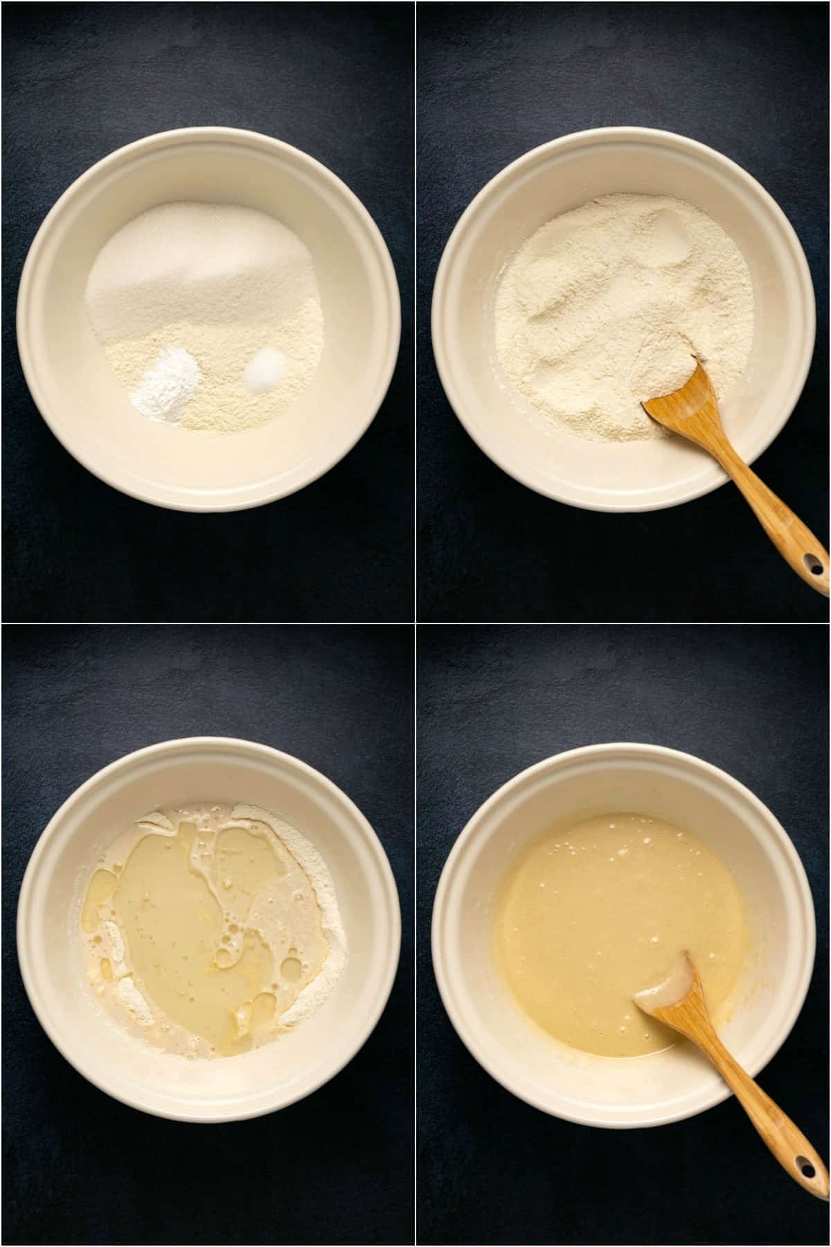 Step by step process photo collage of making the batter for a vegan white cake.