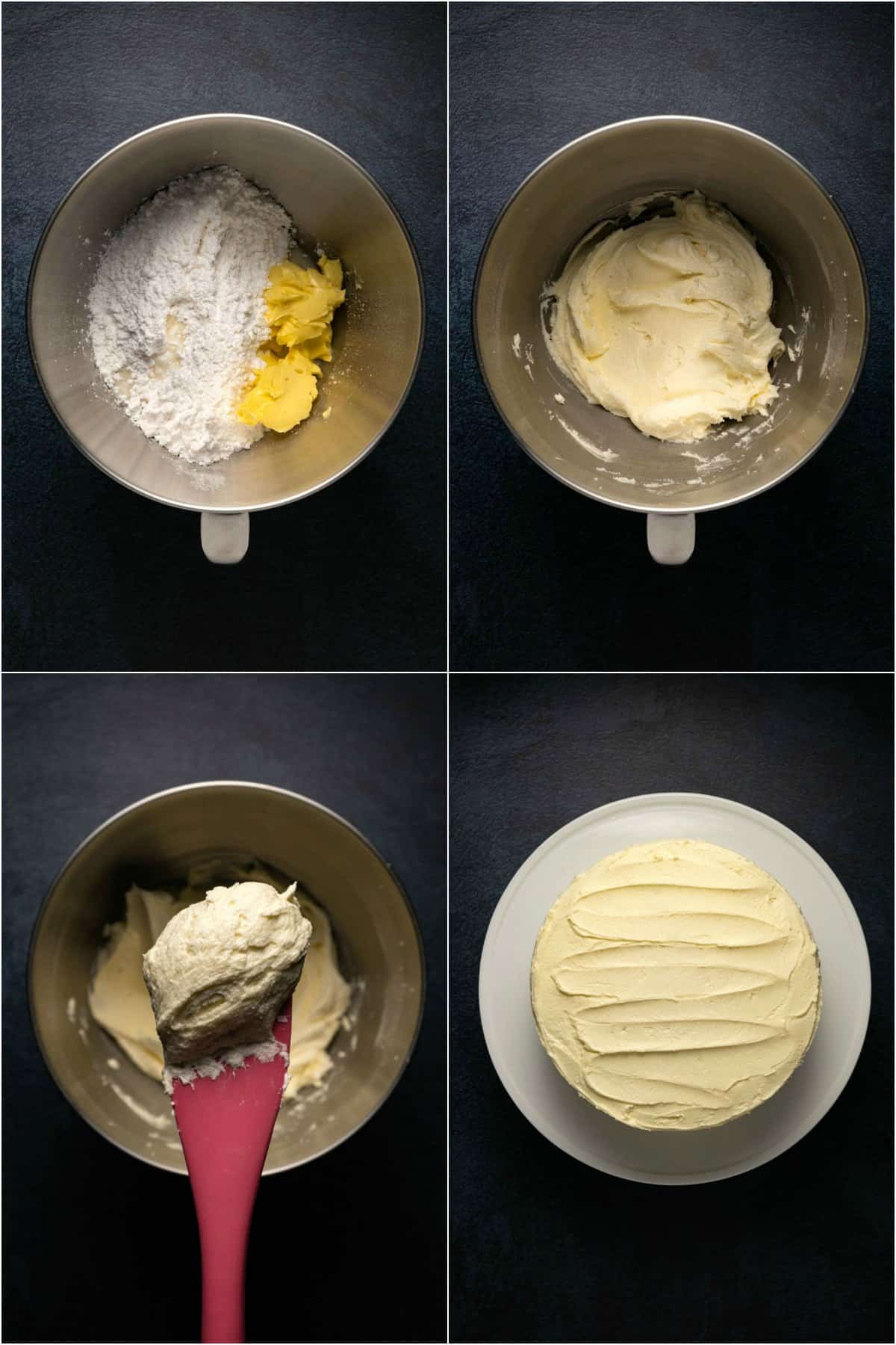 Step by step process photo collage of making a white buttercream frosting. 