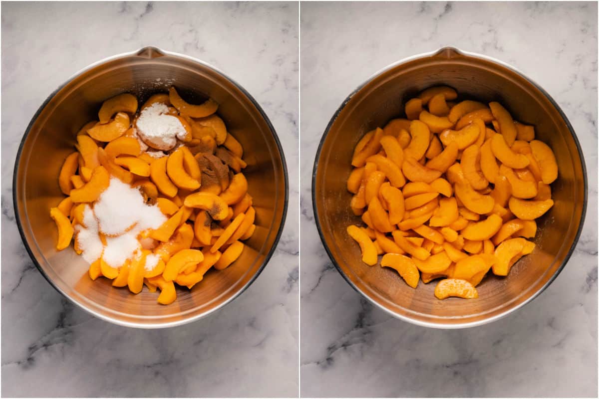 Collage of two photos showing sliced peaches, sugar and spices in a bowl and then mixed in. 