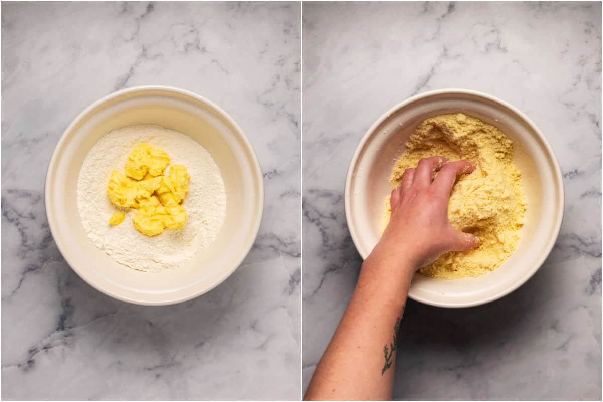 Collage of two photos showing vegan butter added to dry ingredients and mixed in by hand until crumbly. 