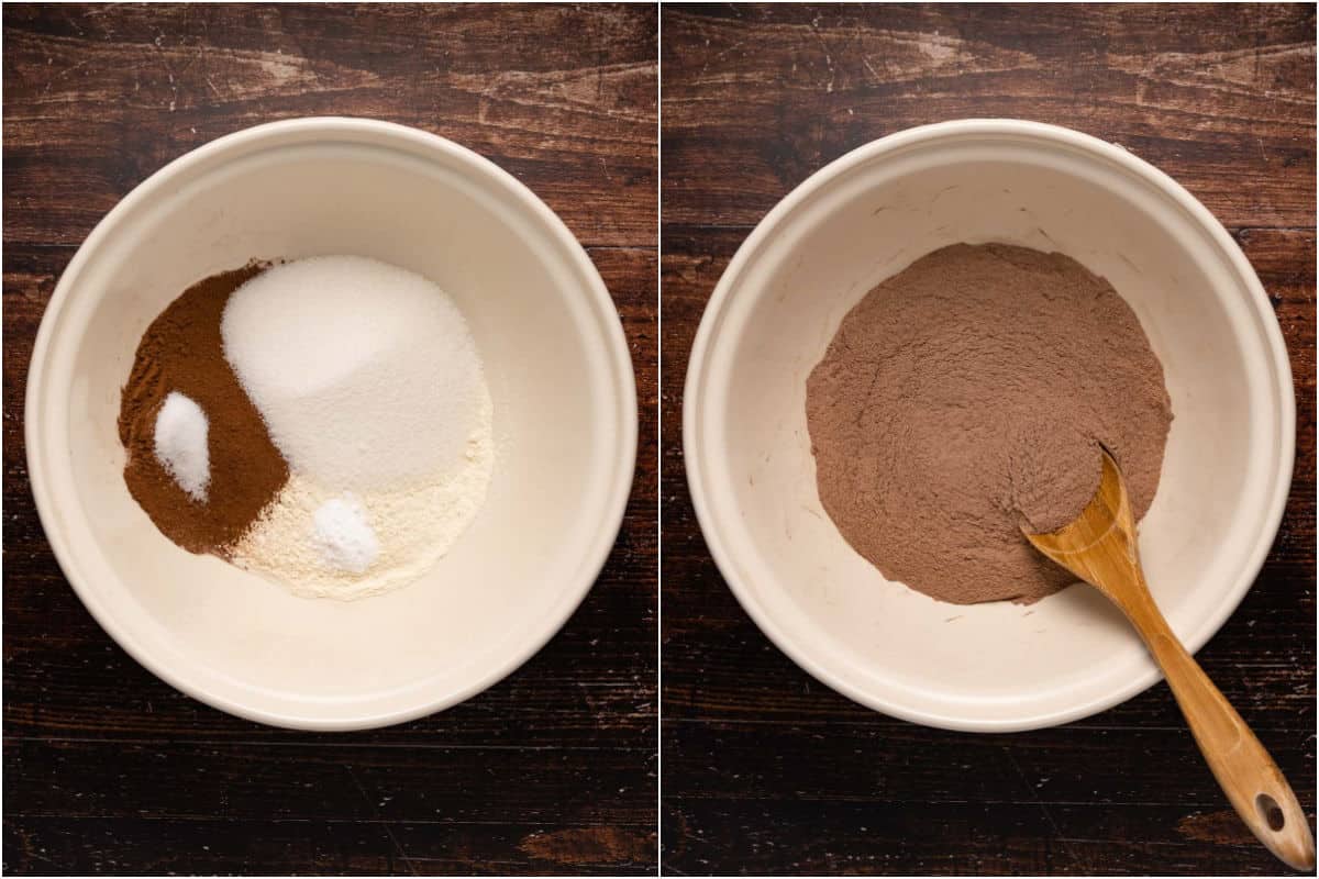 Collage of two photos showing dry ingredients added to mixing bowl and then mixed. 