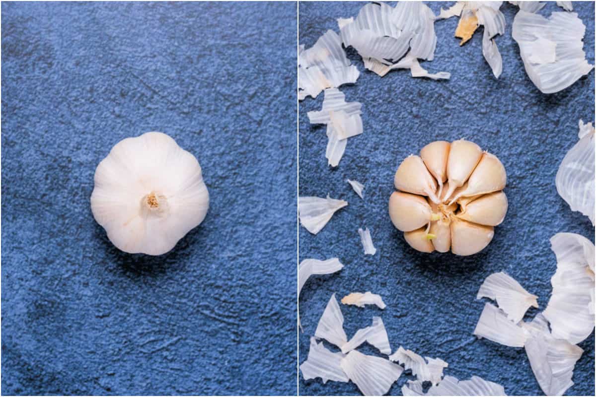 Collage of two photos showing a whole head of roasted garlic and then it's outer skin cut off.