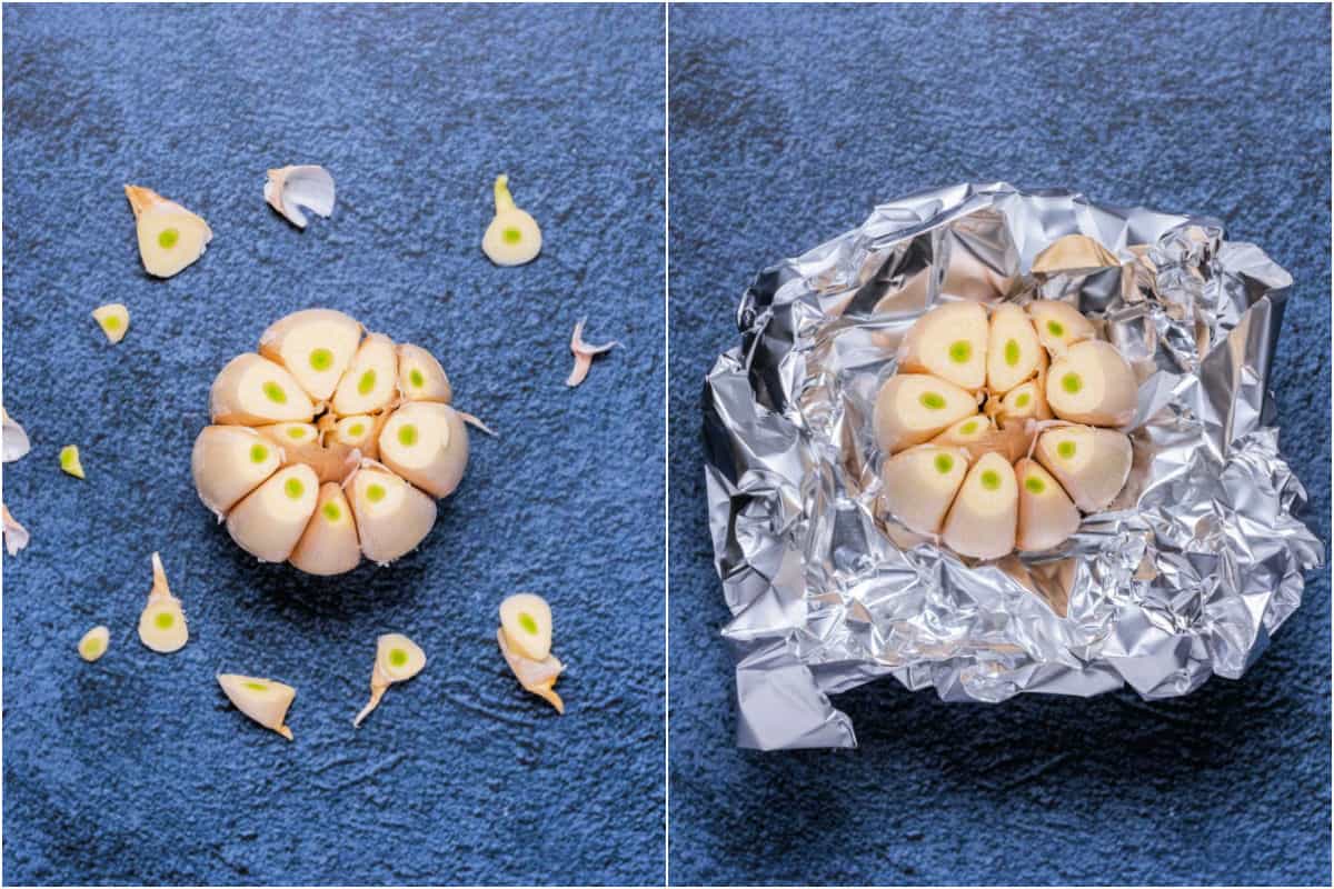 Two photo collage showing a head of garlic and then in tinfoil.