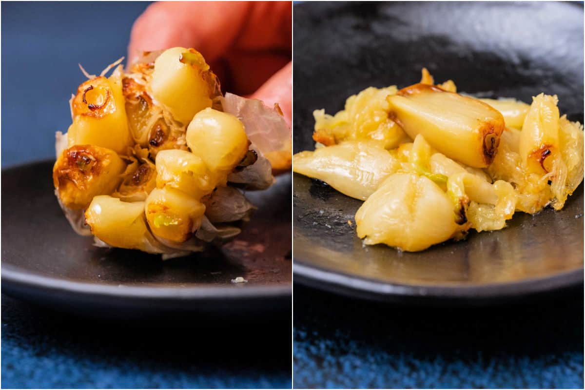 Collage of two photos showing freshly roasted head of garlic and then cloves pressed out onto a plate.
