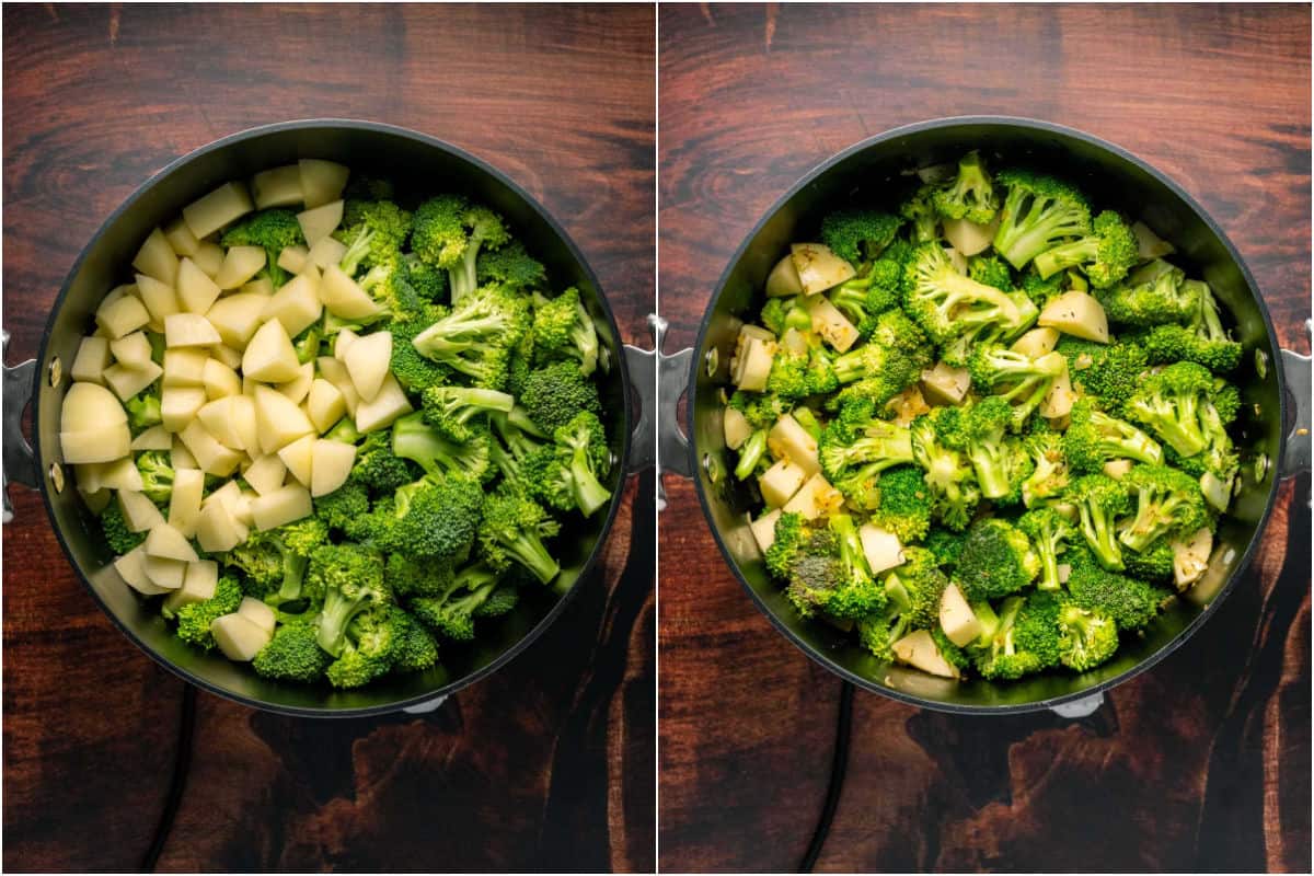 Collage of two photos showing broccoli and potatoes added to pot and tossed with onions and spices.