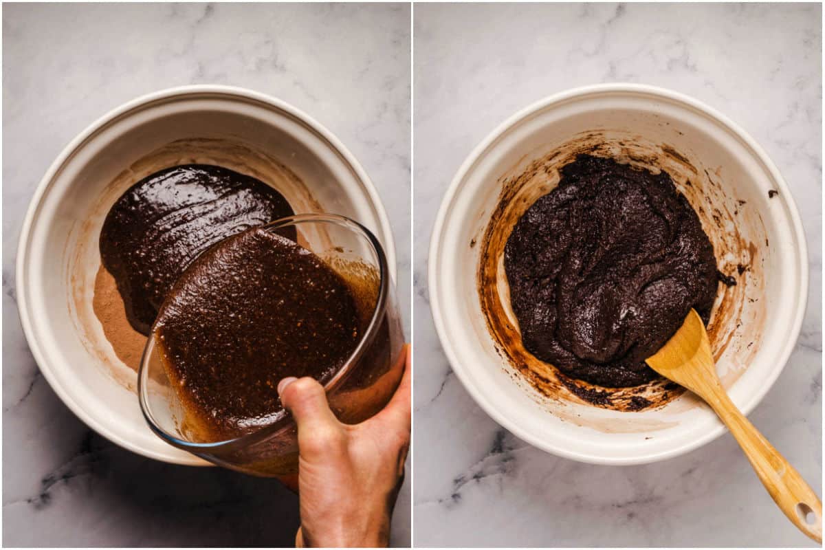 Two photo collage showing wet ingredients added to dry and mixed in.