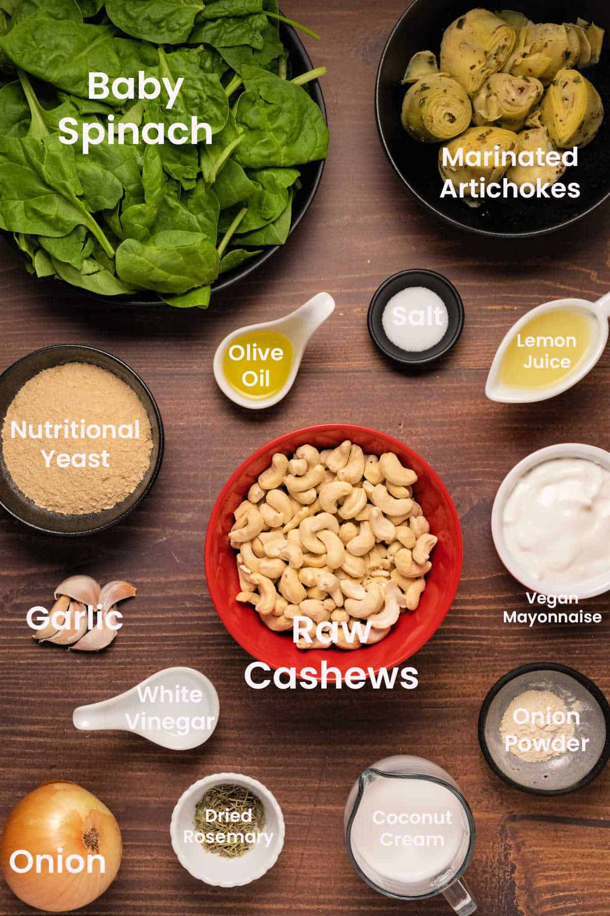 Ingredients for vegan spinach artichoke dip