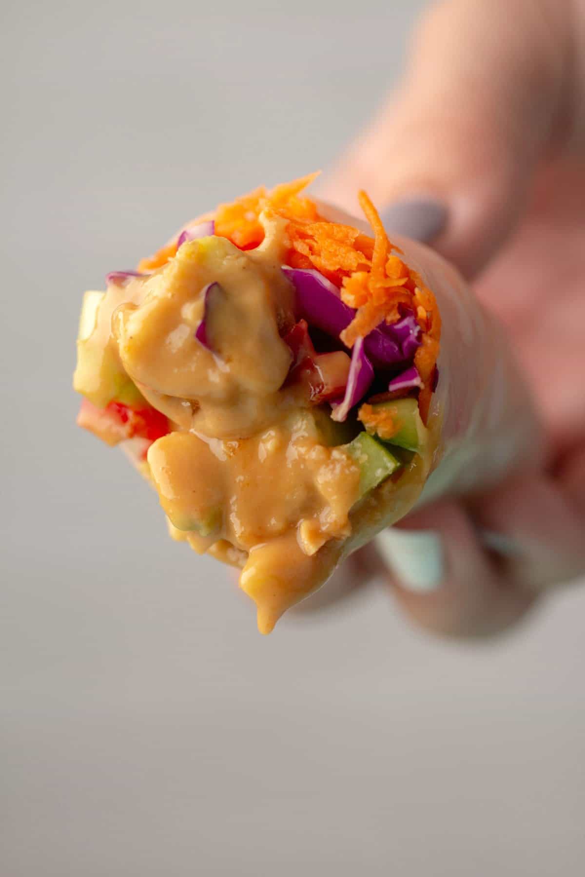 Summer roll dipped in peanut sauce. 