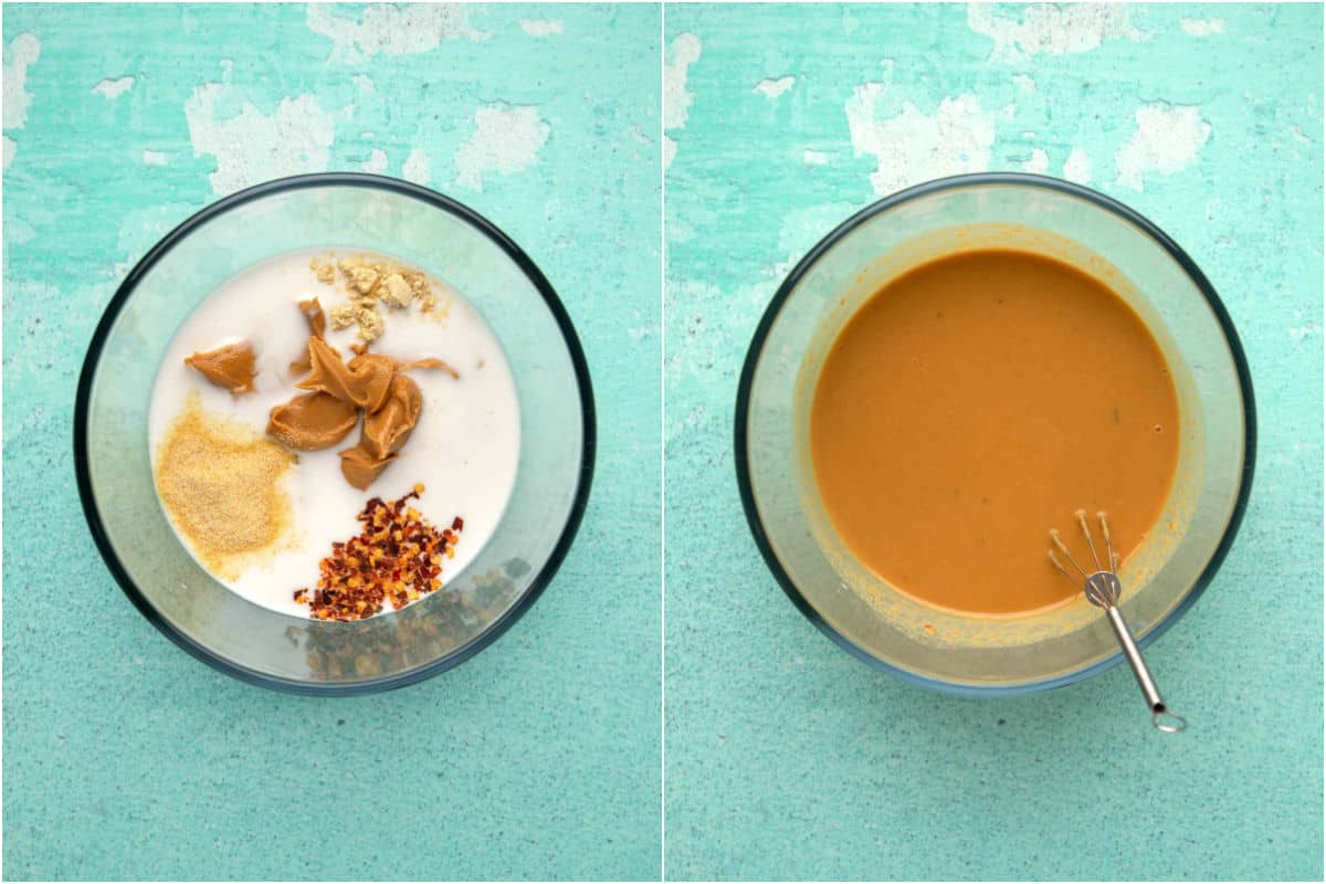 Collage of two photos showing ingredients for peanut sauce added to measuring jug and whisked together.