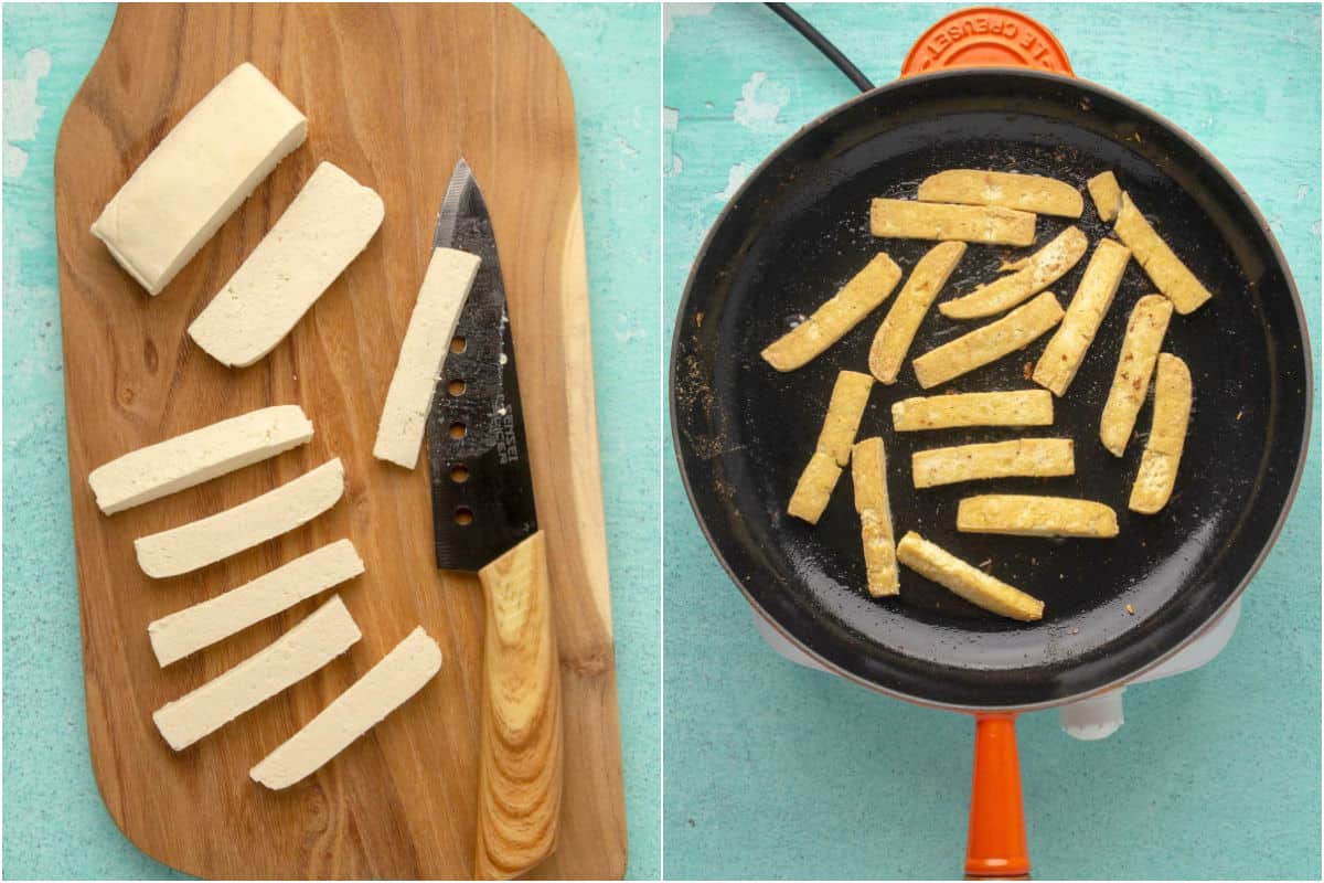 Two photo collage showing pressed tofu cut into strips and then added to frying pan with olive oil.