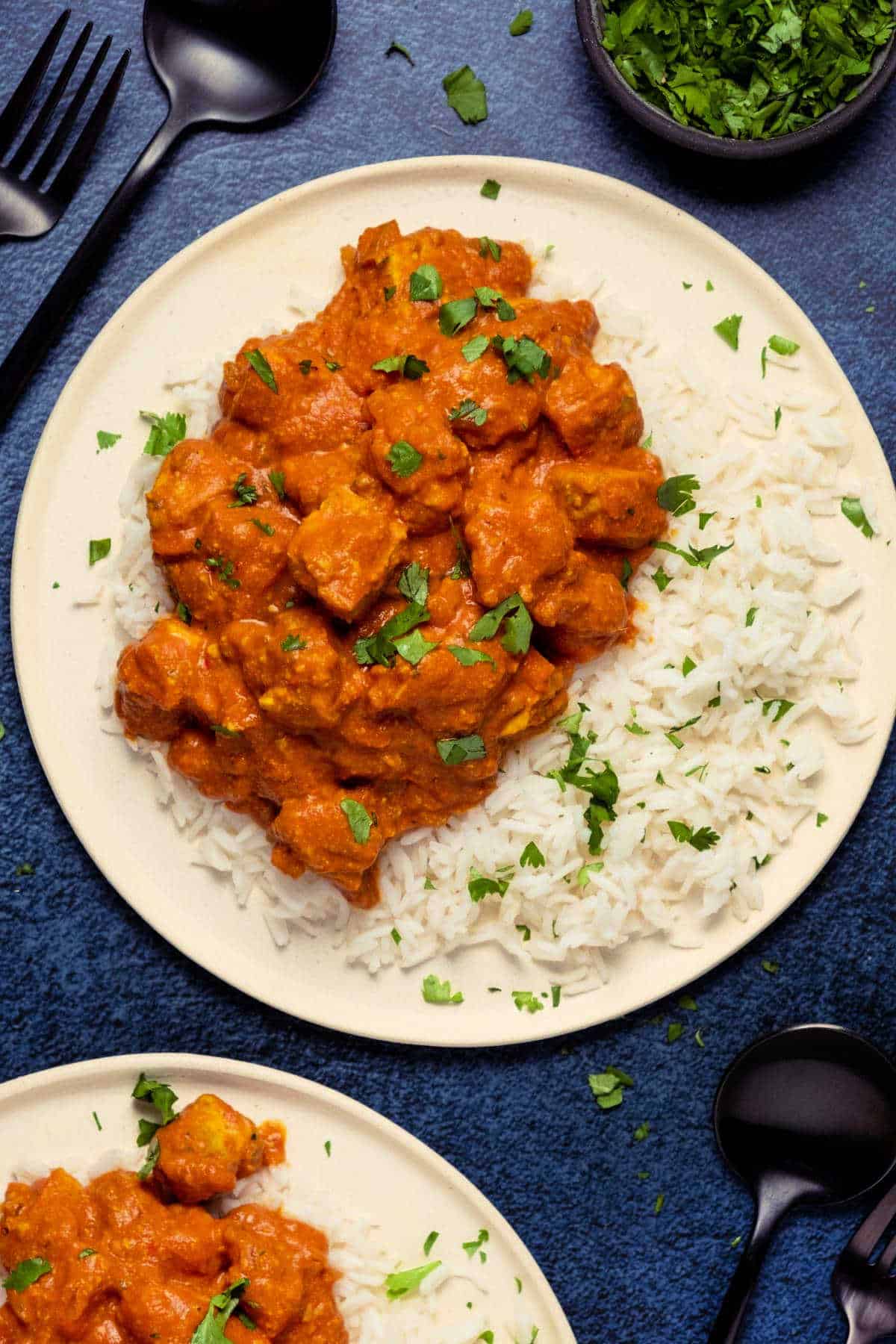 Tikka masala with rice on a plate. 