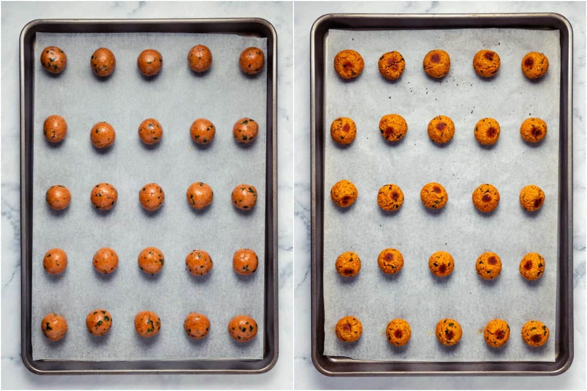 Two photo collage showing chickpea meatballs before and after baking.