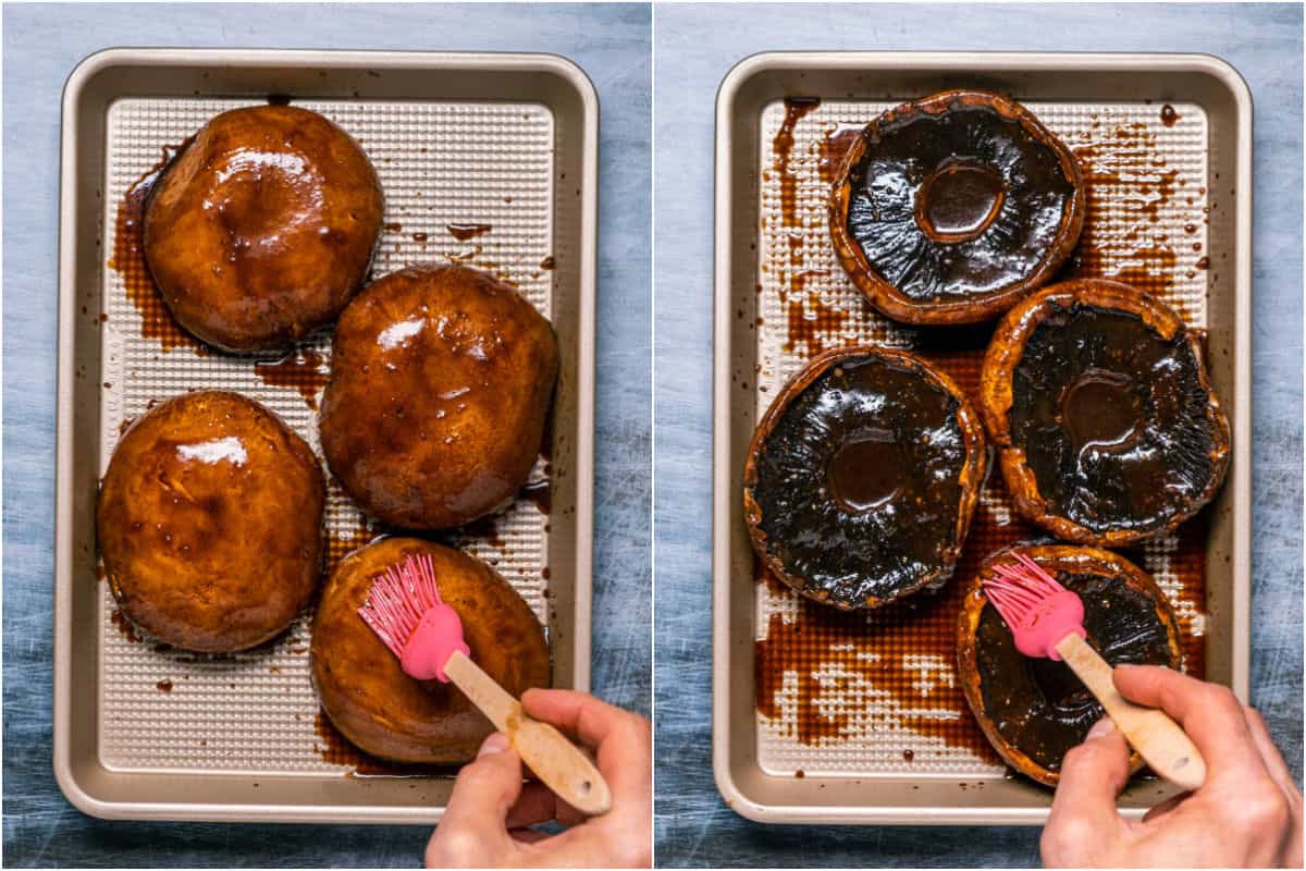 Collage of two photos showing marinade sauce being brushed onto both sides of portobello mushrooms.