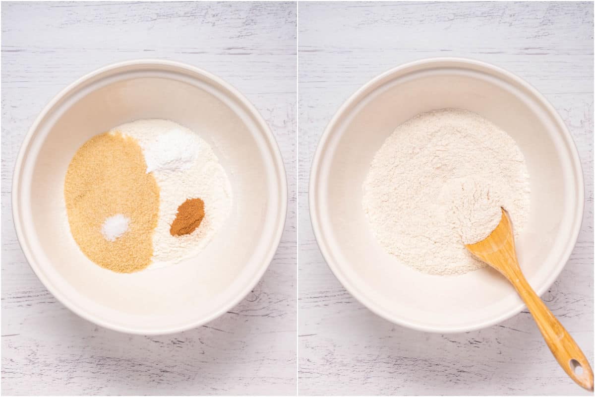 Collage of two photos showing dry ingredients added to mixing bowl and mixed together.