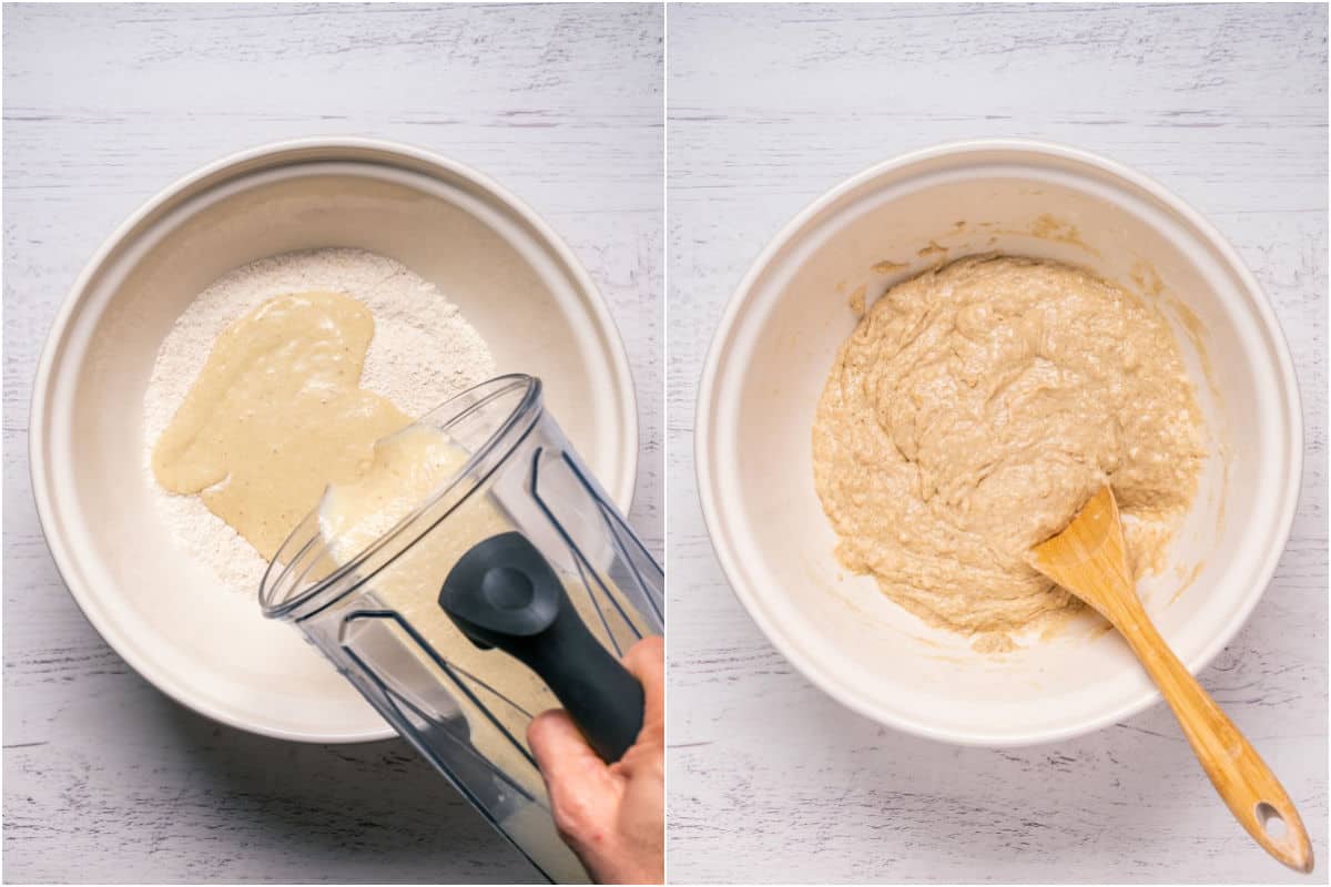 Collage of two photos showing wet ingredients added to dry and mixed into a batter.