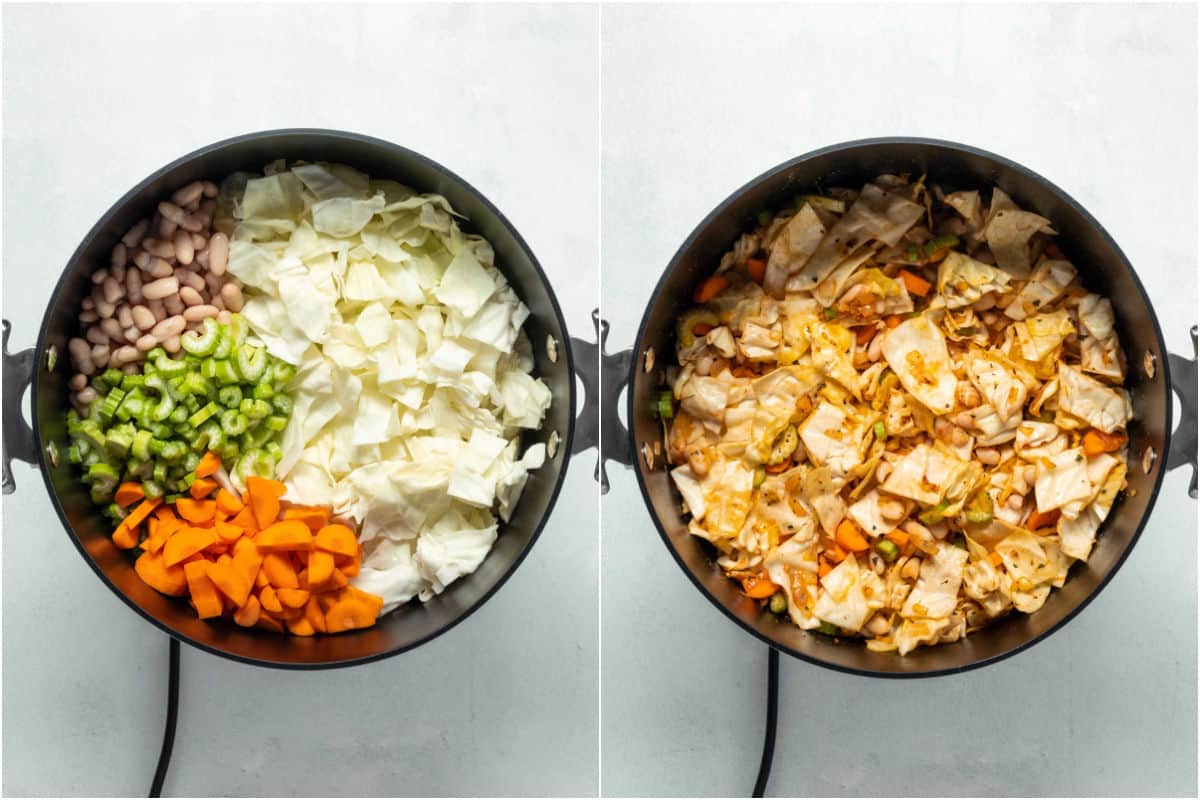Two photo collage showing cabbage and vegetables added to pot and mixed in.