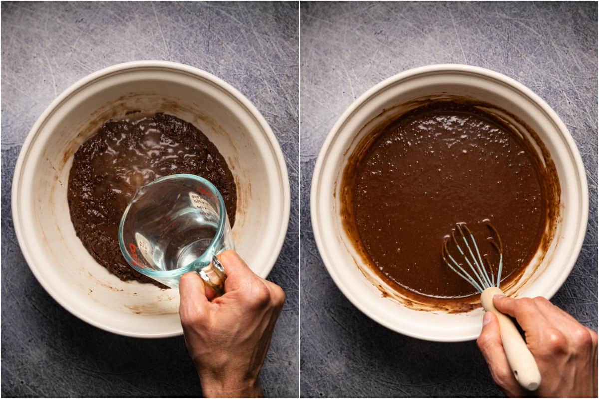 Collage of two photos showing hot water added to cake batter and mixed in with a hand whisk.