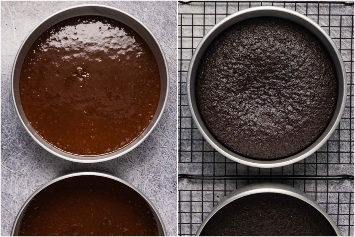 Collage of two photos showing cakes before and after baking.
