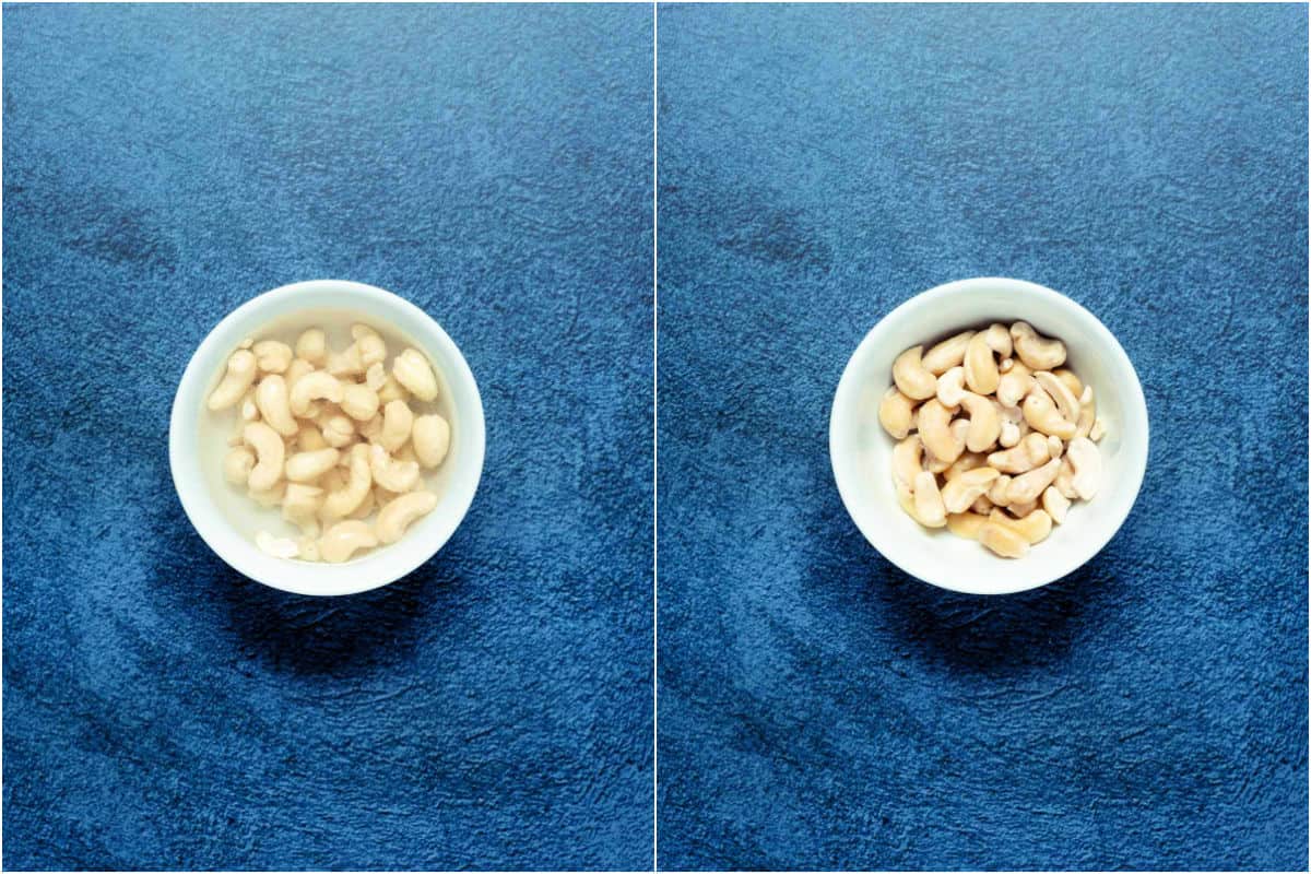 Two photo collage showing cashews soaking in a white bowl and then drained.
