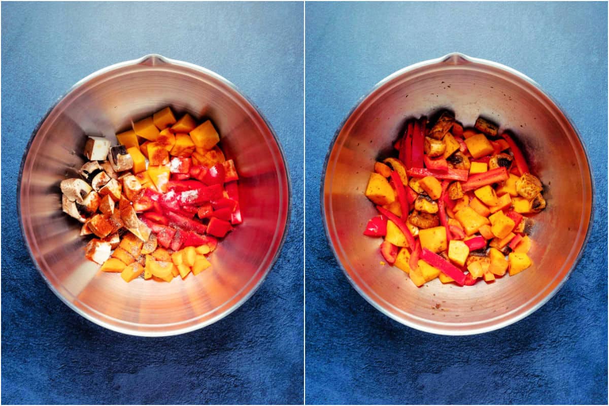 Two photo collage showing vegetables and spices added to mixing bowl and tossed together.