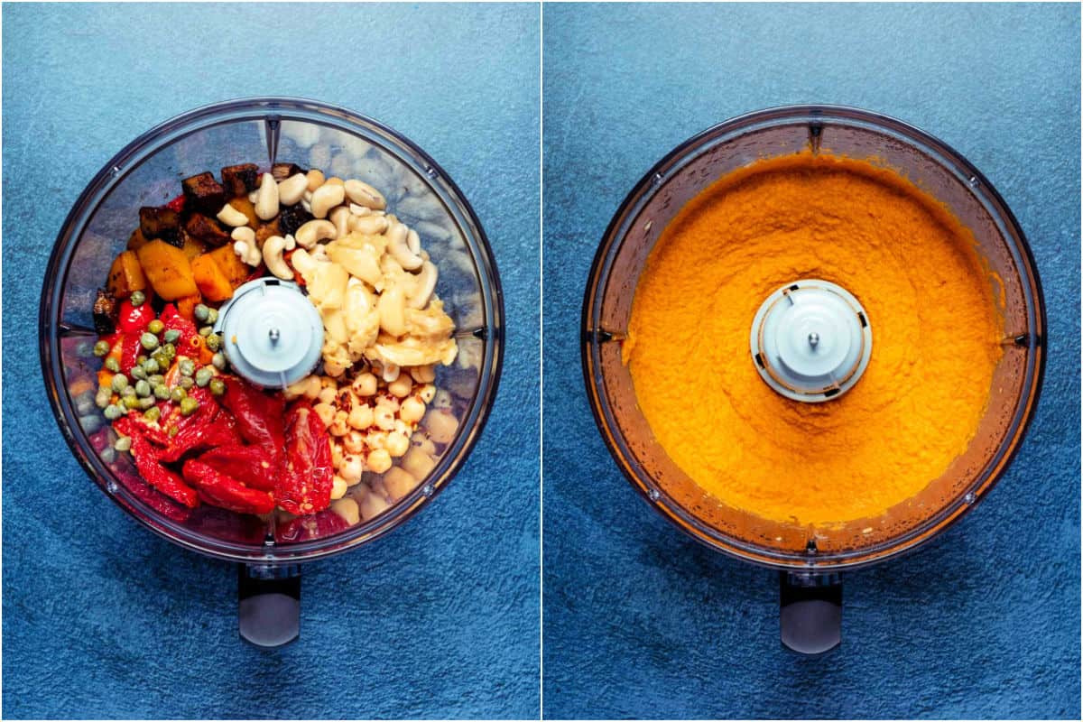 Two photo collage showing ingredients added to food processor and then processed.