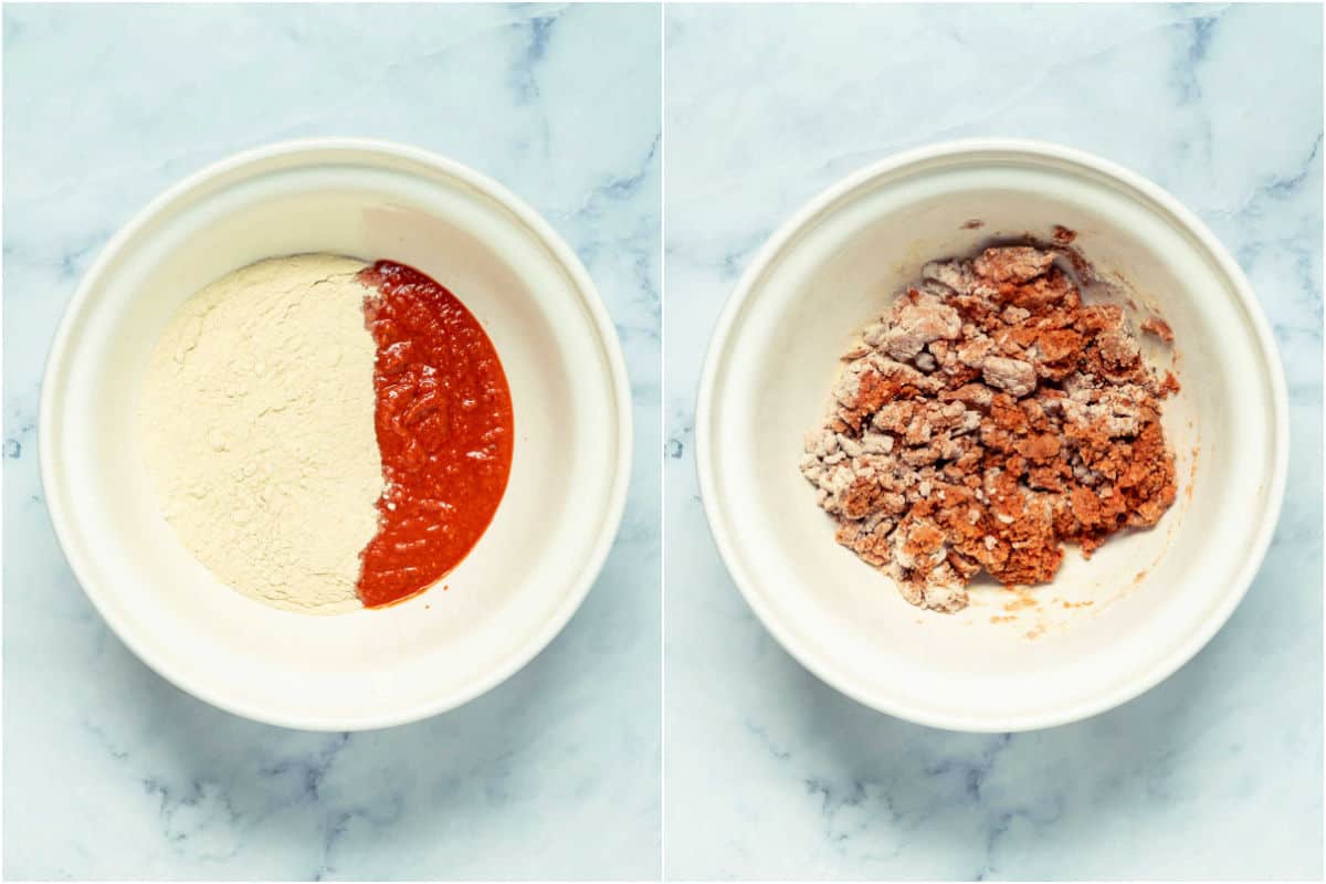 Collage of two photos showing wet and dry ingredients in mixing bowl and then mixed together.