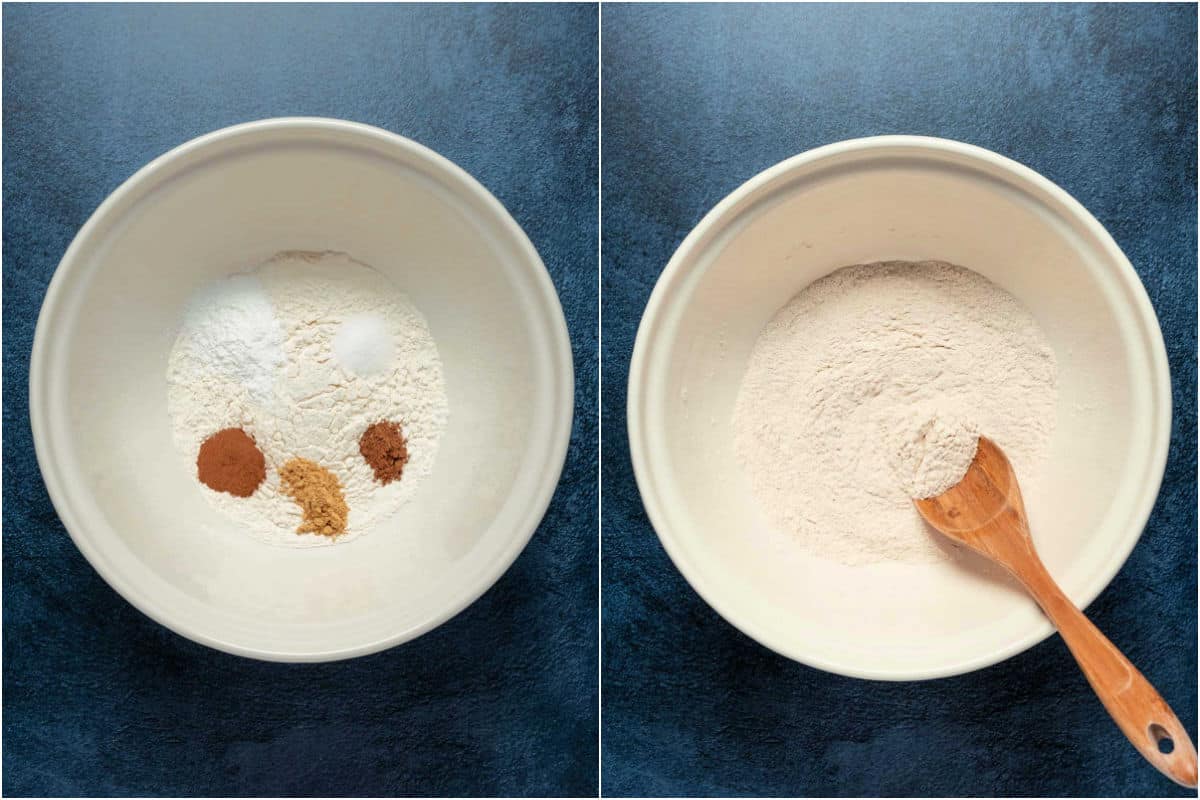 Two photo collage showing dry ingredients added to mixing bowl and mixed together.