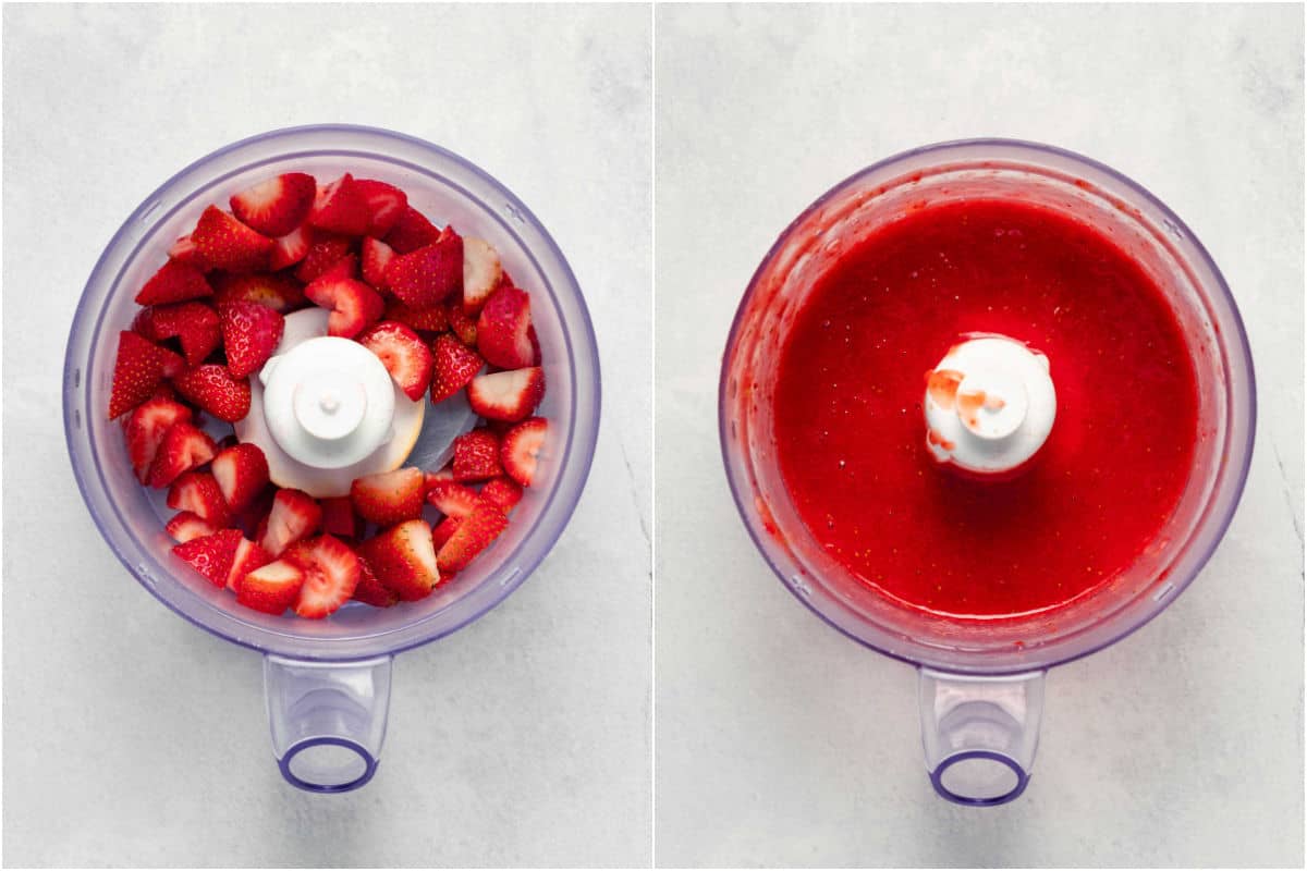 Two photo collage showing strawberries in a food processor and then puréed.