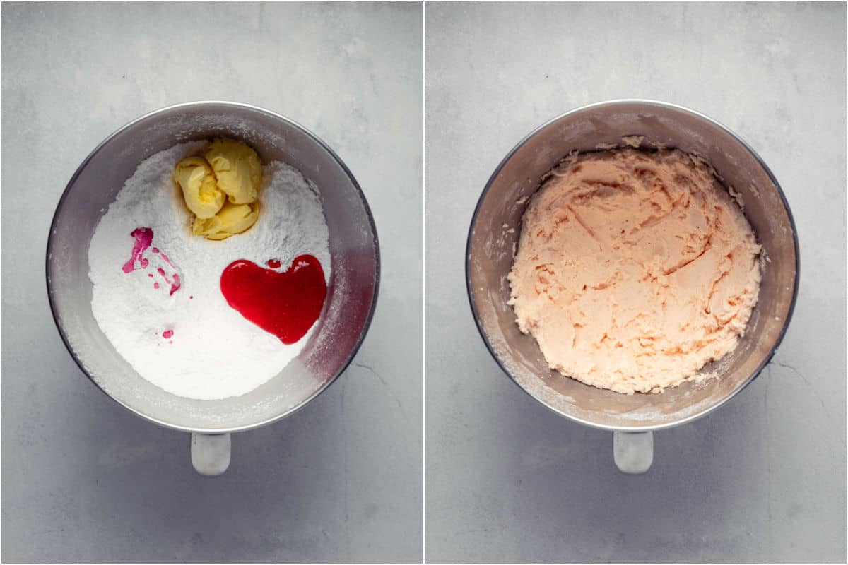 Two photo collage showing ingredients for frosting added to stand mixer and then mixed together.