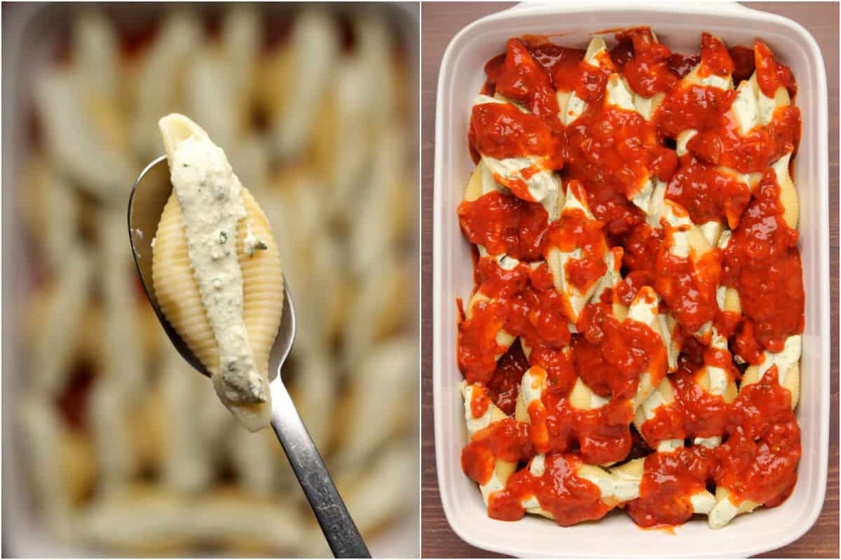 Two photo collage showing a close up of a stuffed shell and stuffed shells ready to bake.